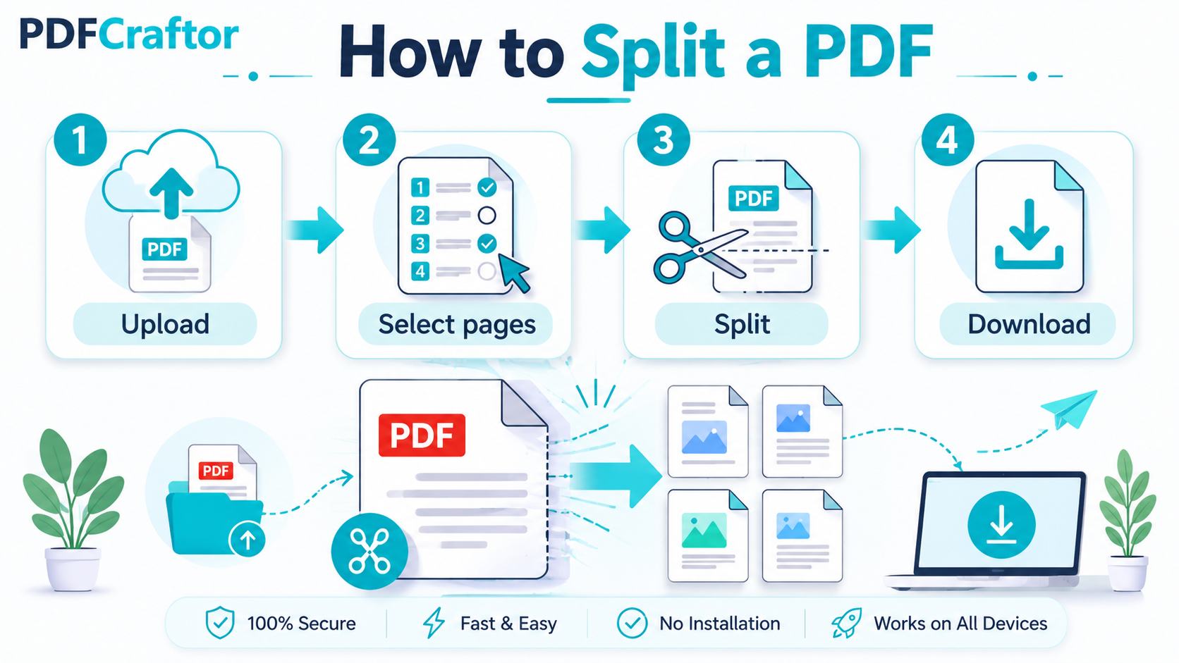 Infographic showing how to split, cut and extract pages from a PDF step by step
