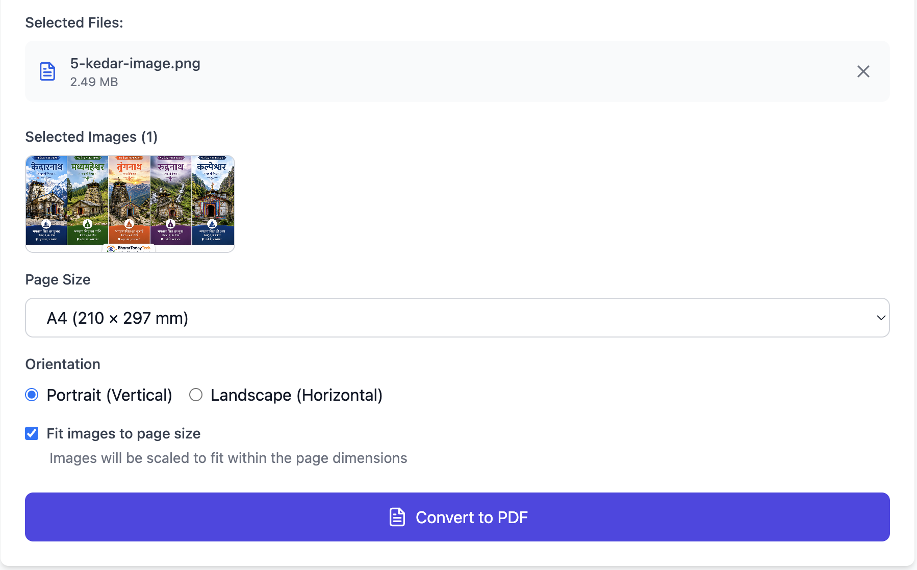Settings interface to adjust PDF page size, orientation and fit options before converting images