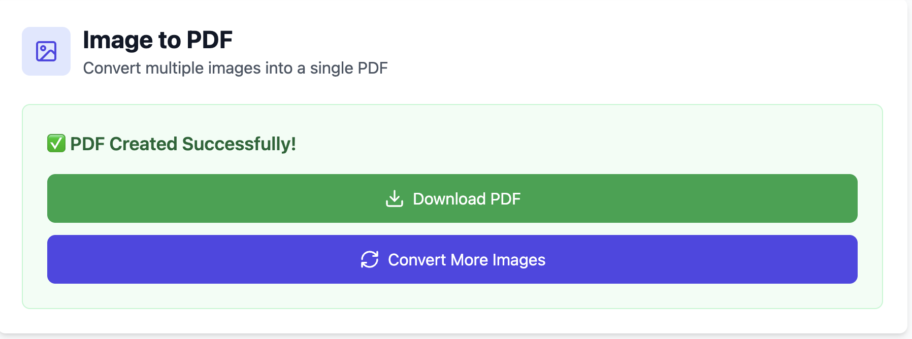 Success screen showing the PDF created successfully message and a download button