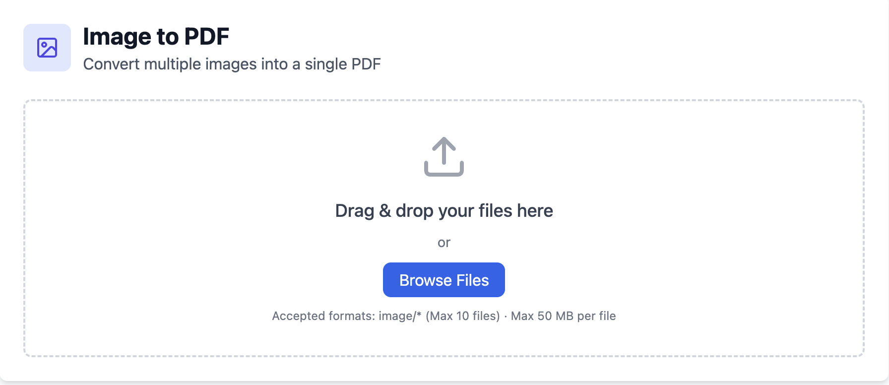 Upload interface for Image to PDF tool showing drag and drop file area