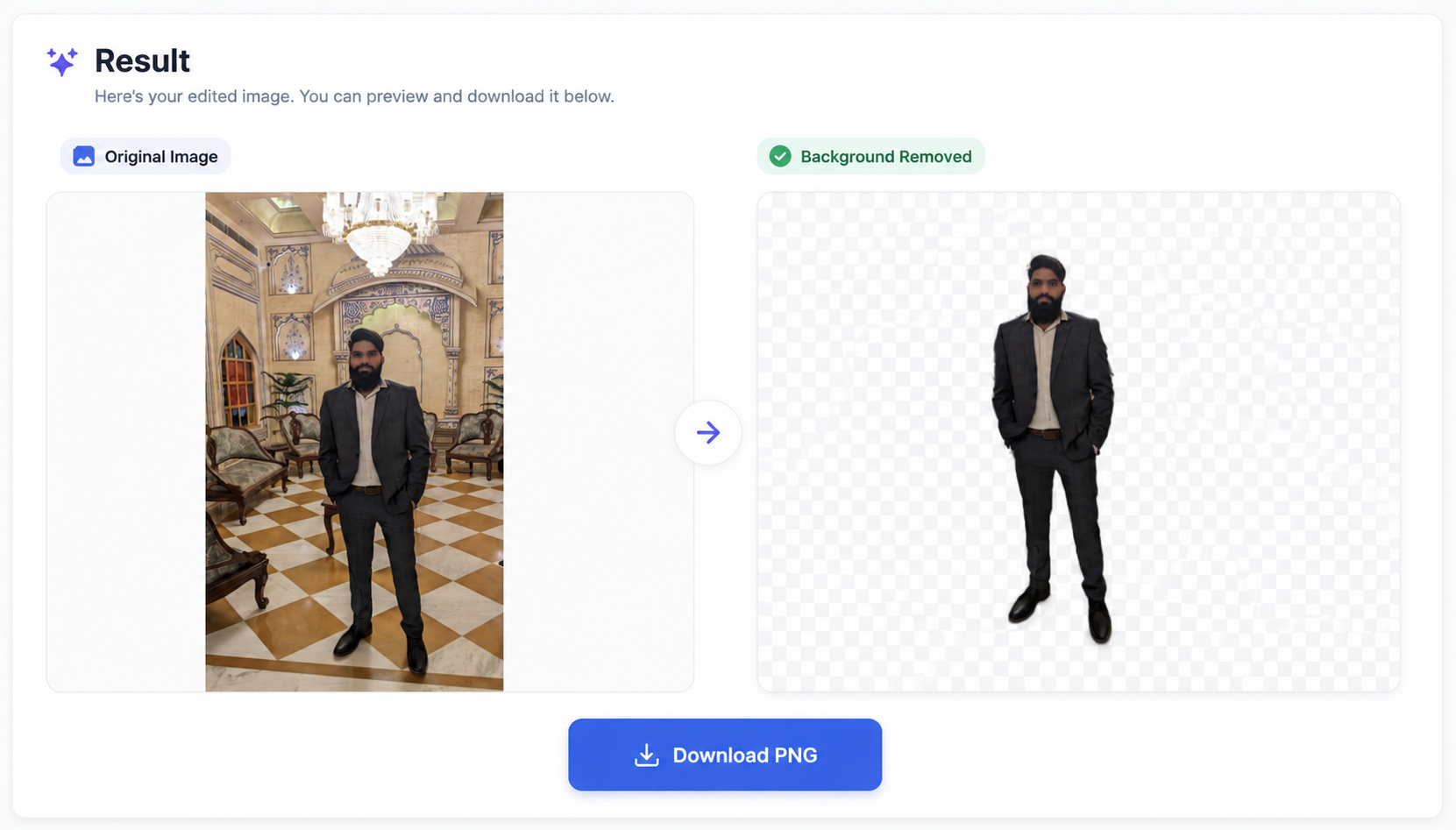 Success screen showing the subject with a transparent background and download button