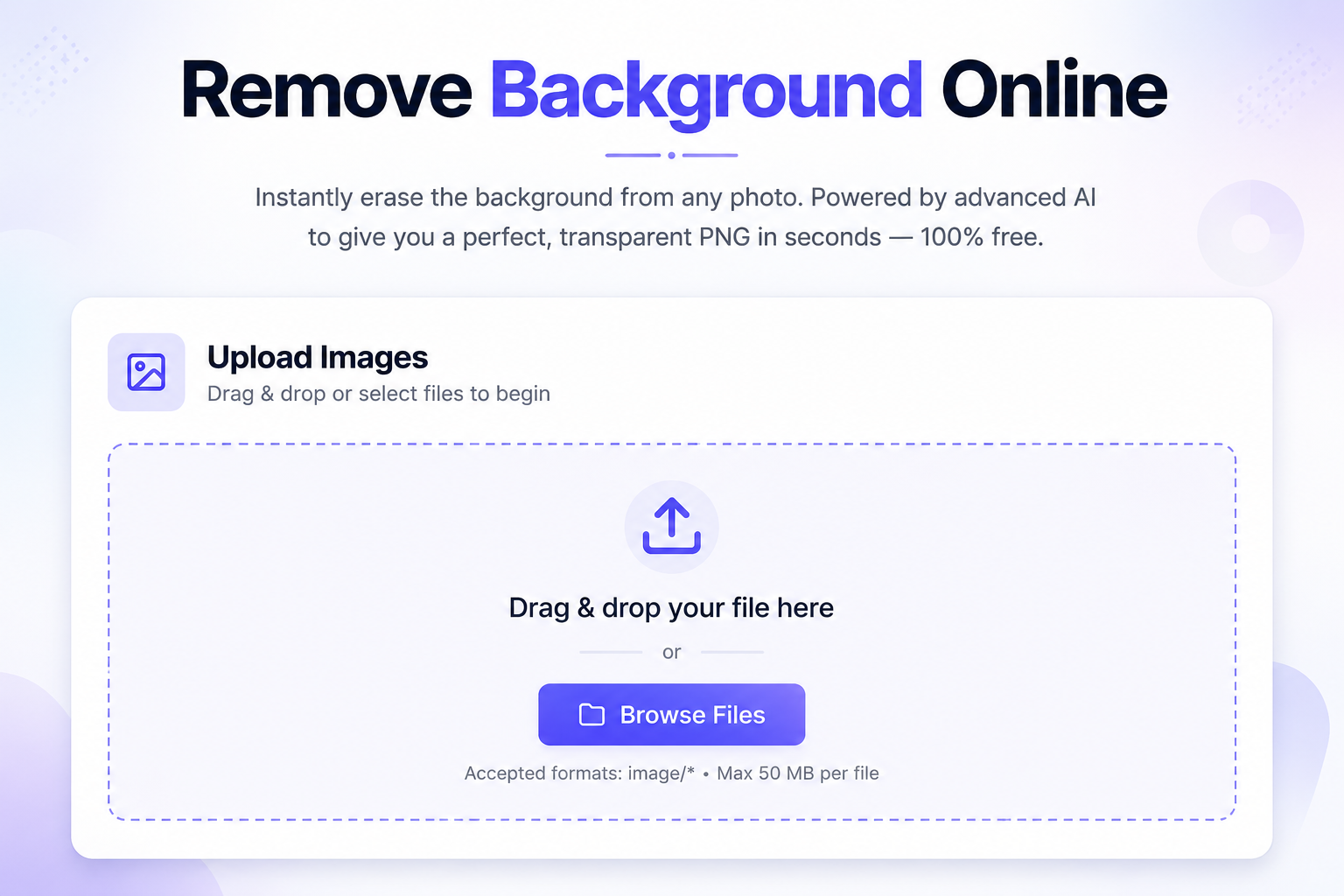 Upload interface for background remover showing drag and drop area